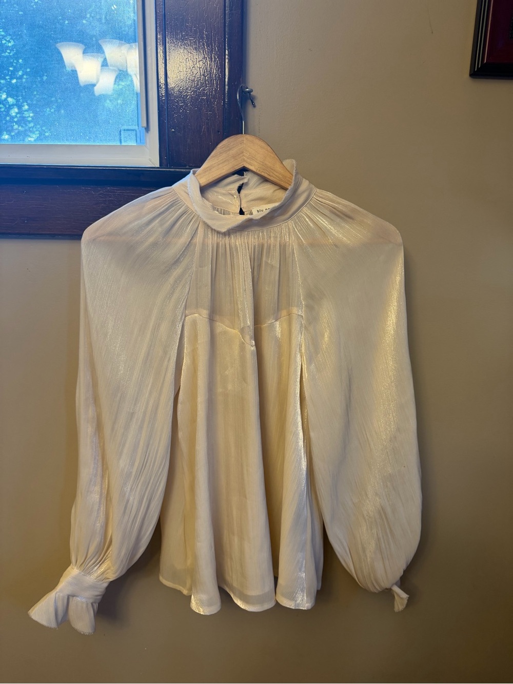 Blu Pepper Shimmery Ivory Pleated High-Neck Blouse